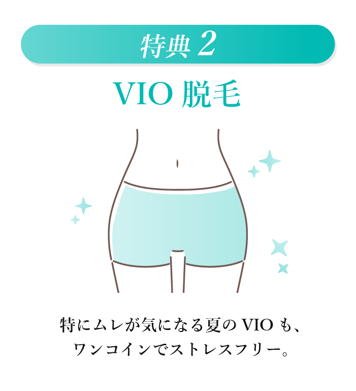 特典2 VIO脱毛。ムレが気になるVIOをワンコインでケアできる特典内容。