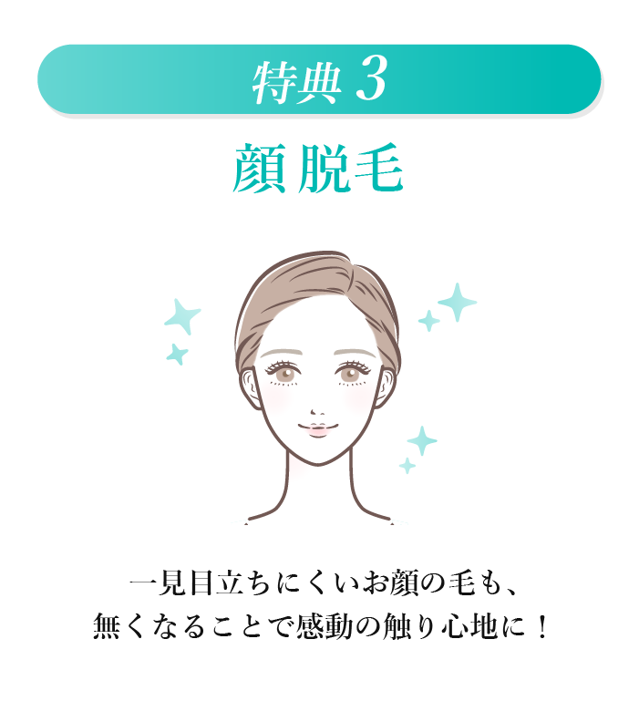 特典3 顔脱毛。産毛が目立つ顔の脱毛で、触り心地の良い肌を目指せる特典内容。