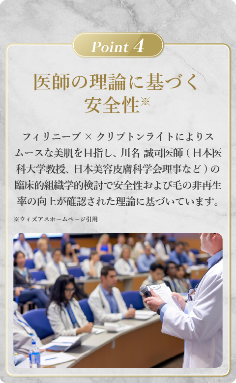 医師の理論に基づく安全性。フィリニーブ×クリプトンライトによりスムースな美肌を目指し、川名誠司医師（日本医科大学教授、日本美容皮膚科学会理事など）の臨床的組織学的検討で安全性および毛の非再生率の向上が確認された理論に基づいています。