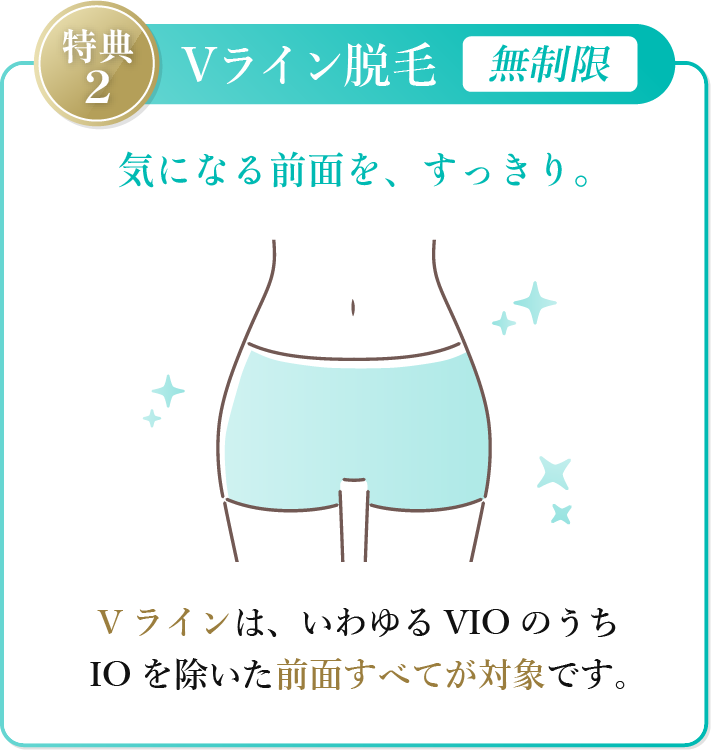特典2 VIO脱毛。ムレが気になるVIOをワンコインでケアできる特典内容。