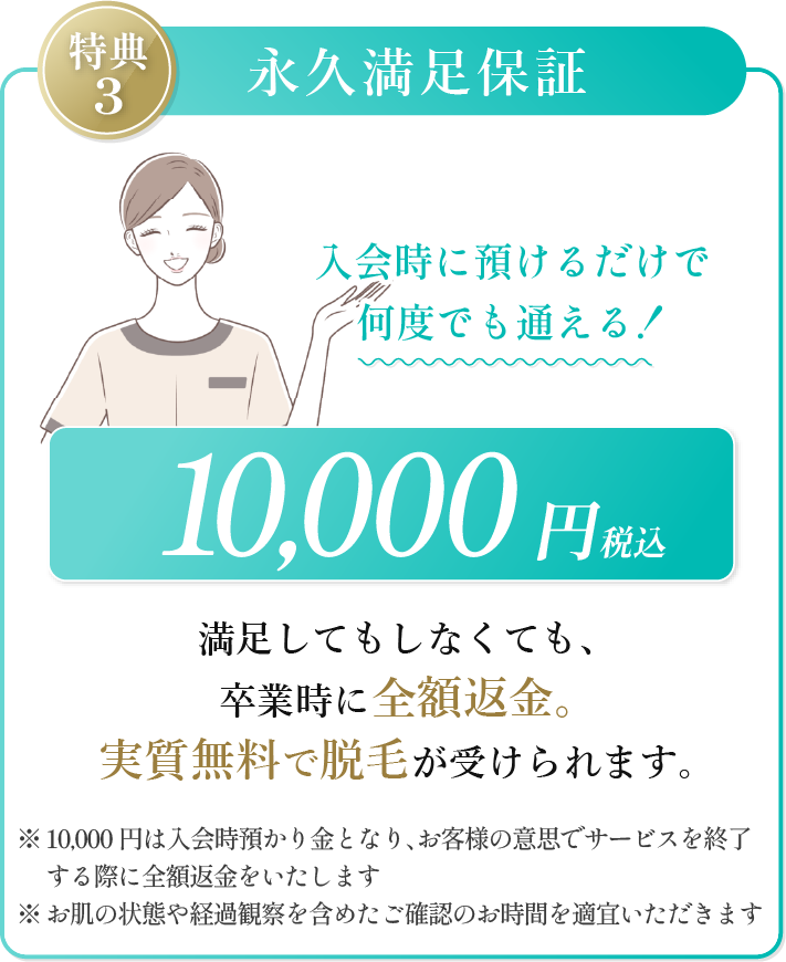 特典3 顔脱毛。産毛が目立つ顔の脱毛で、触り心地の良い肌を目指せる特典内容。